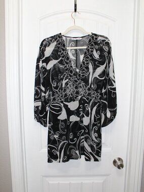 Lavender Star Women's Sheer Blouse XL Black And White w/ Tie (24-7)